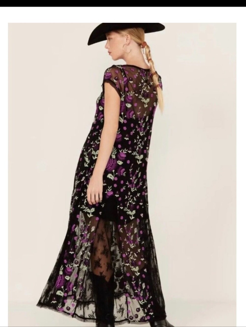 Free People Bright Sky Black Mesh Floral Embroidered Midi Max Dress - Picture 5 of 5